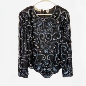 Vintage Scala Black Beaded LS Blouse XL